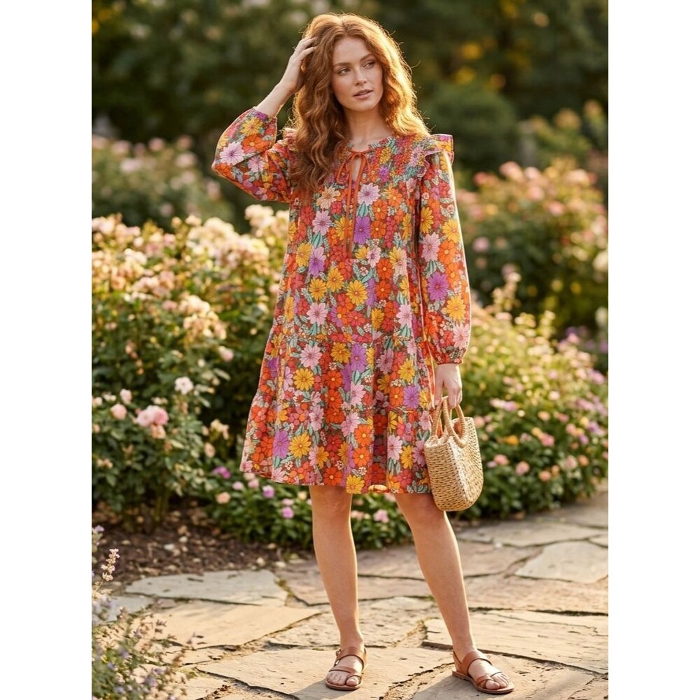 Umgee Bohemian Floral Smocked Tiered Mini Dress Orange Purple Pink Hippy Size S